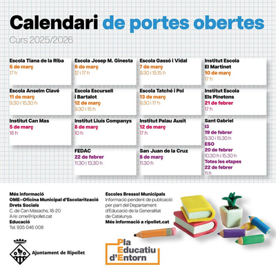 Calendari Portes Obertes Ripollet. Curs 2025-2026..