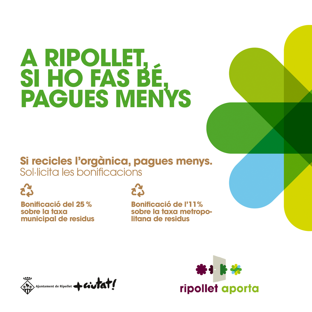 Aquesta setmana, l’Ajuntament ha començat a distribuir per totes les llars de Ripollet la informació per a poder sol·licitar les bonificacions del 25% sobre la taxa de residus municipal i de l’11% sobre la taxa de residus metropolitana.